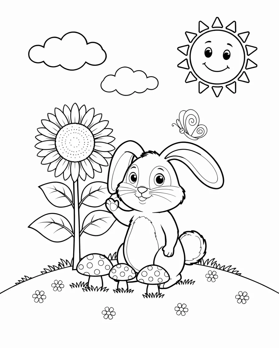 Happy bunny beside a sunflower and mushrooms coloring page