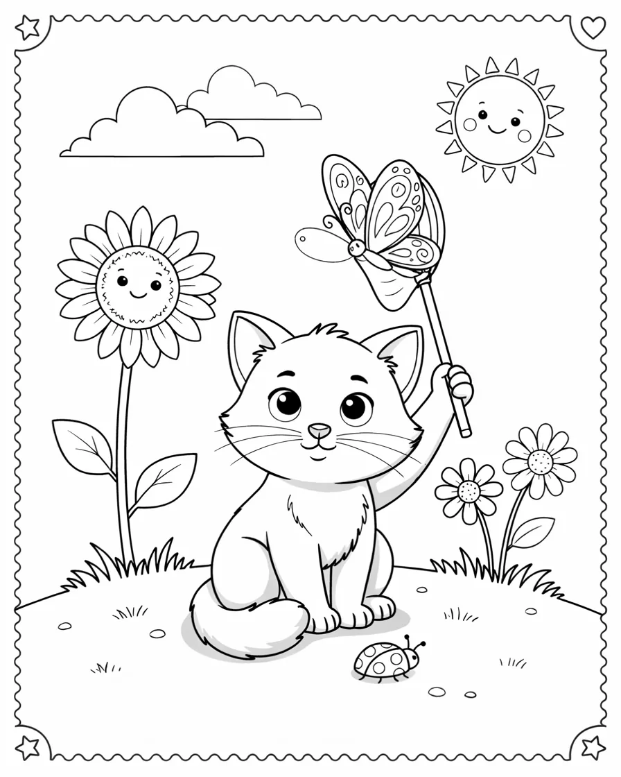 Cute kitten holding a butterfly net in a flower garden coloring page