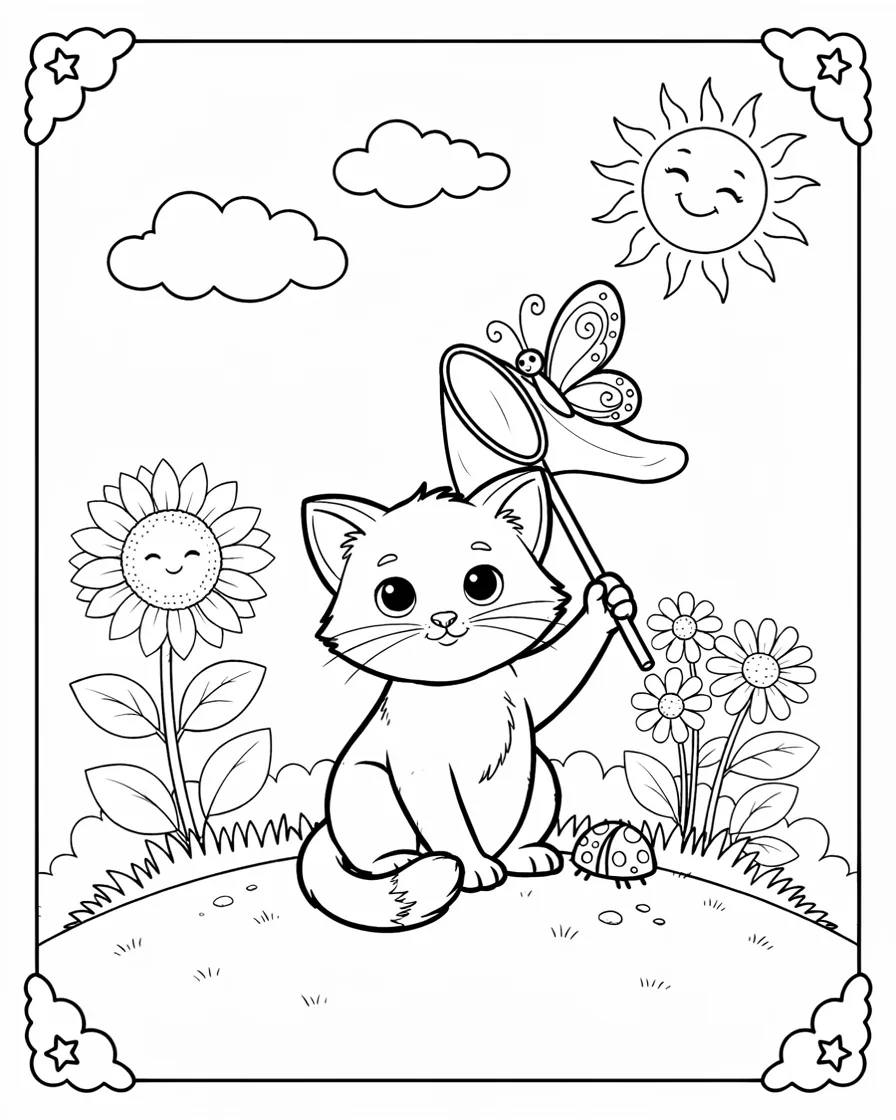 Cute kitten with a butterfly, sunflower and ladybug coloring page