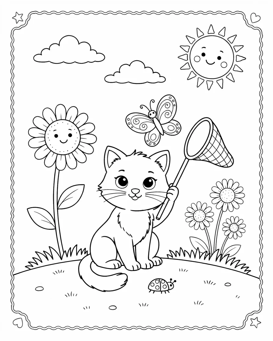 Cute kitten holding a butterfly net in a sunny garden coloring page